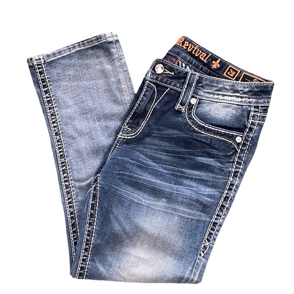 Rock Revival Mid Rise Curvy Capri Jean Audrina Wash Embroidery Rhinestones Sz 28 - Picture 8 of 16